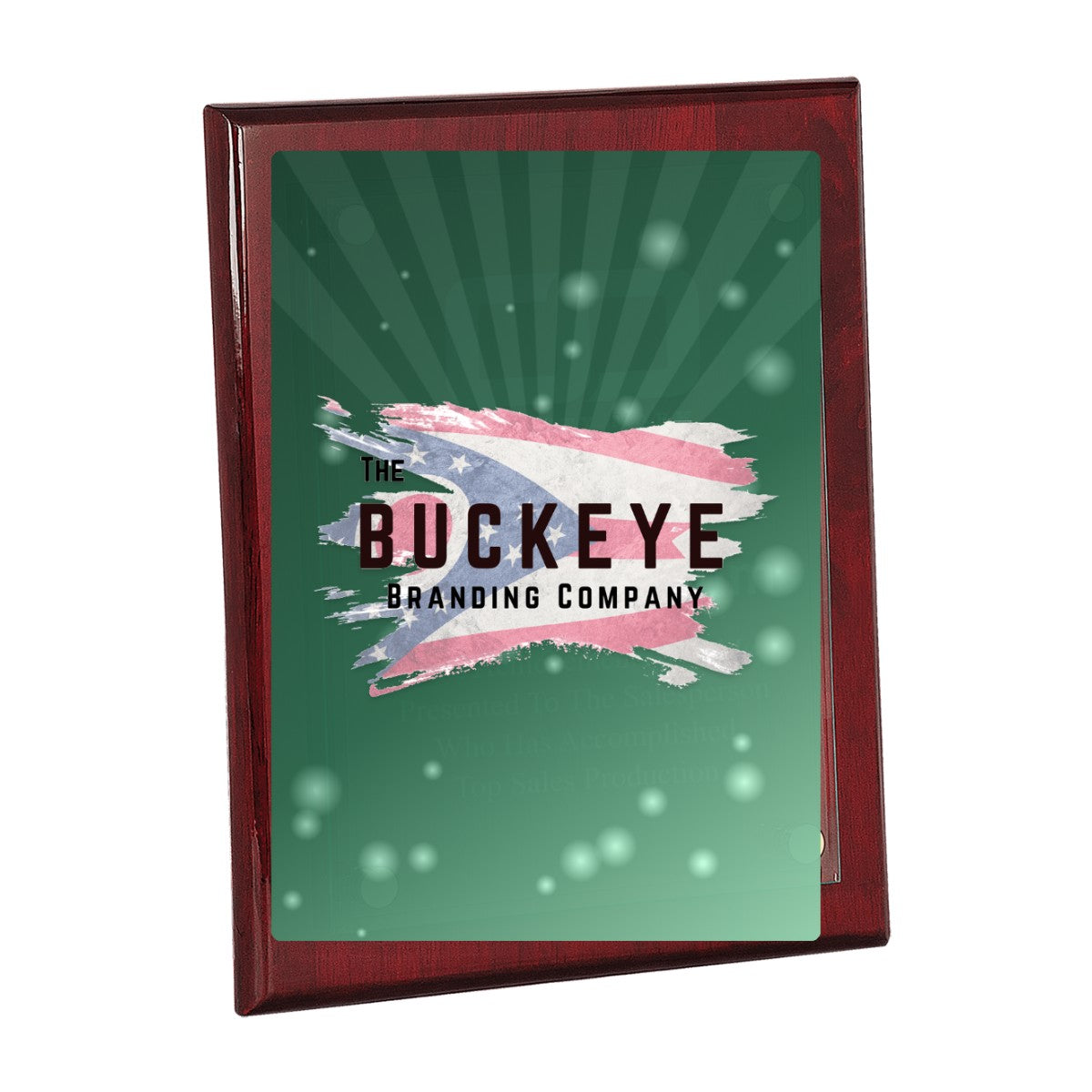 8 x 10 in. rosewood piano finish floating glass plaque, UV printed with a full-color sample logo