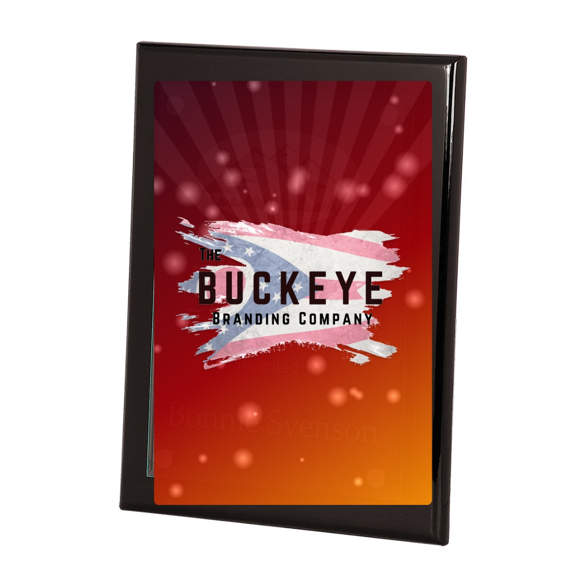 9 x 12 in. black piano finish floating glass plaque, UV printed with a full-color sample logo
