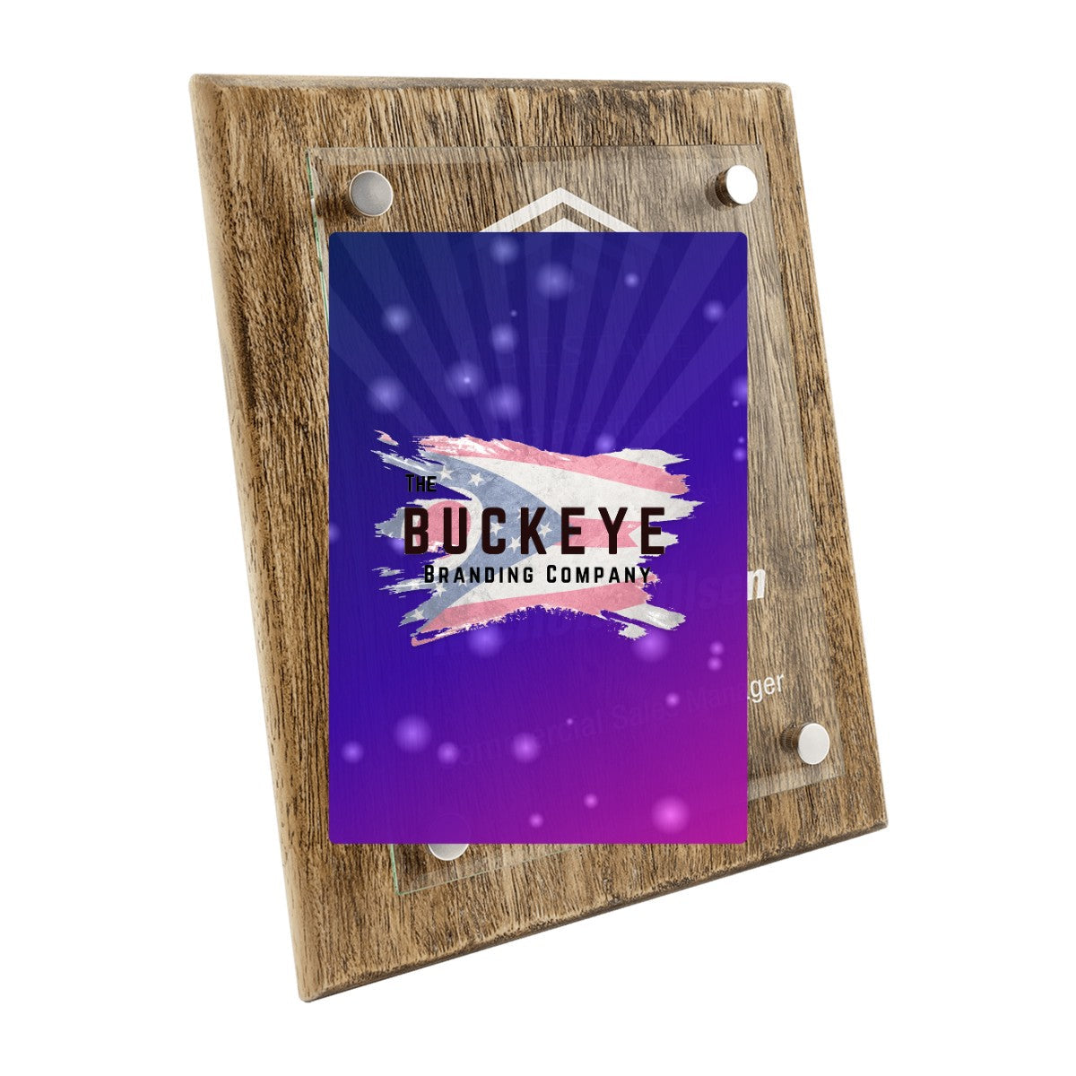 8 x 10 in. barnwood floating glass plaque, UV printed with a full-color sample logo