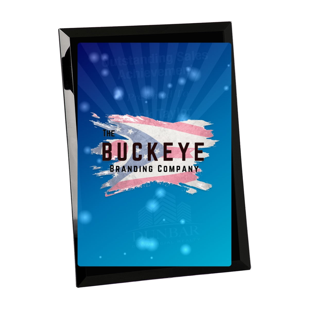 9 x 12 in. black glass mirror plaque, UV printed with a full-color sample logo
