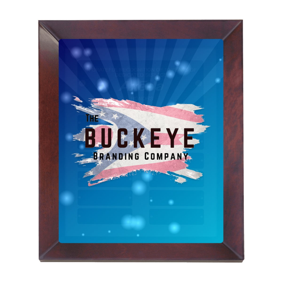 12 x 15 in. cherry finish frame perpetual plaque with gold background and 12 black brass plates, UV printed with a full-color sample logo