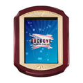 11 x 15 in. rosewood piano finish plaque with a gold sunburst frame casting and black plate, UV printed with a full-color sample logo