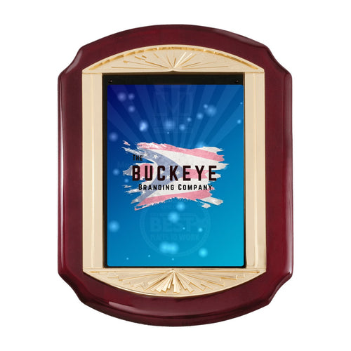 11 x 15 in. rosewood piano finish plaque with a gold sunburst frame casting and black plate, UV printed with a full-color sample logo