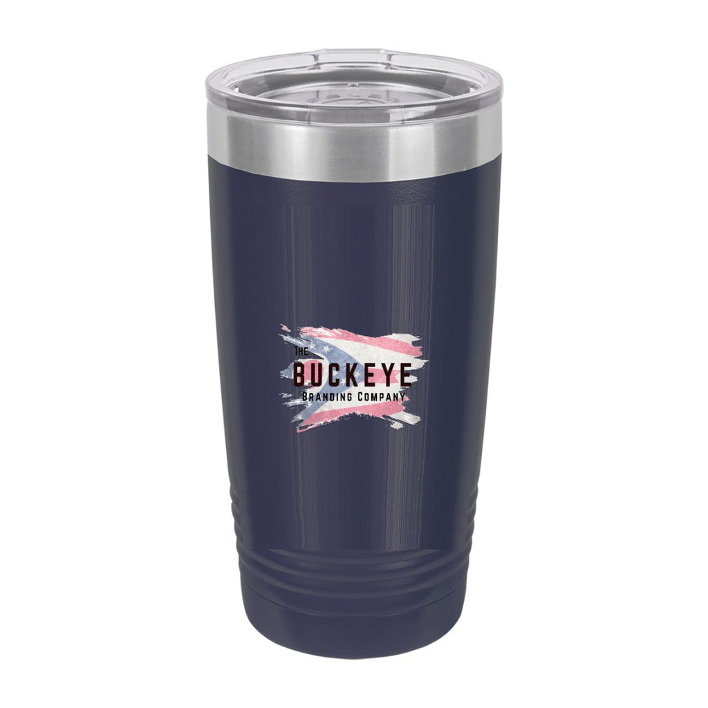 20 oz. ringneck tumbler in Navy Blue, UV printed with a full-color sample logo