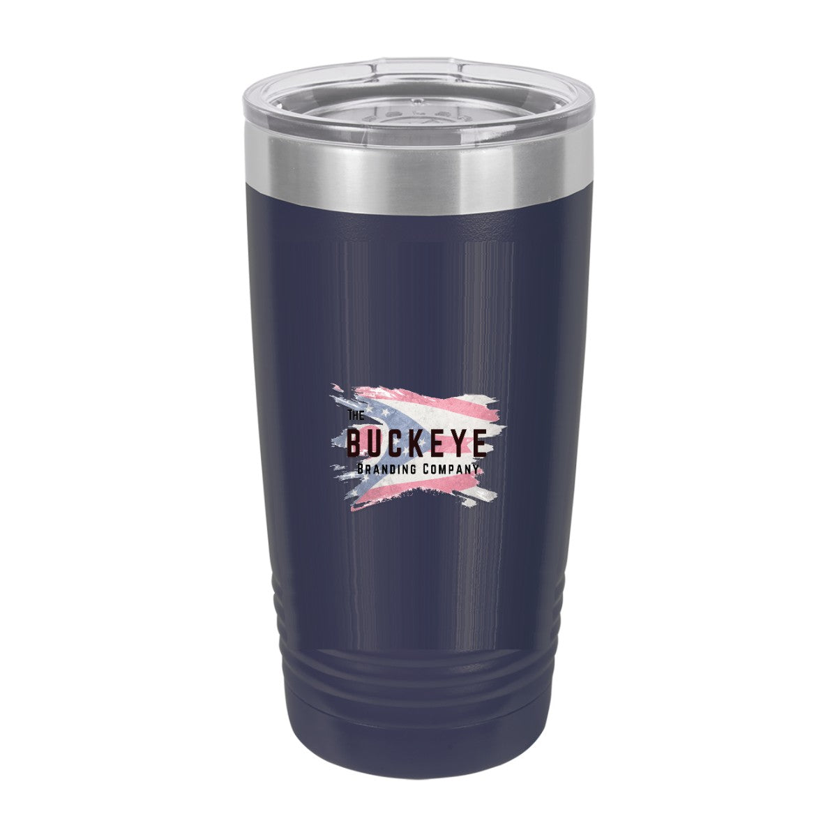 20 oz. ringneck tumbler in Navy Blue, UV printed with a full-color sample logo