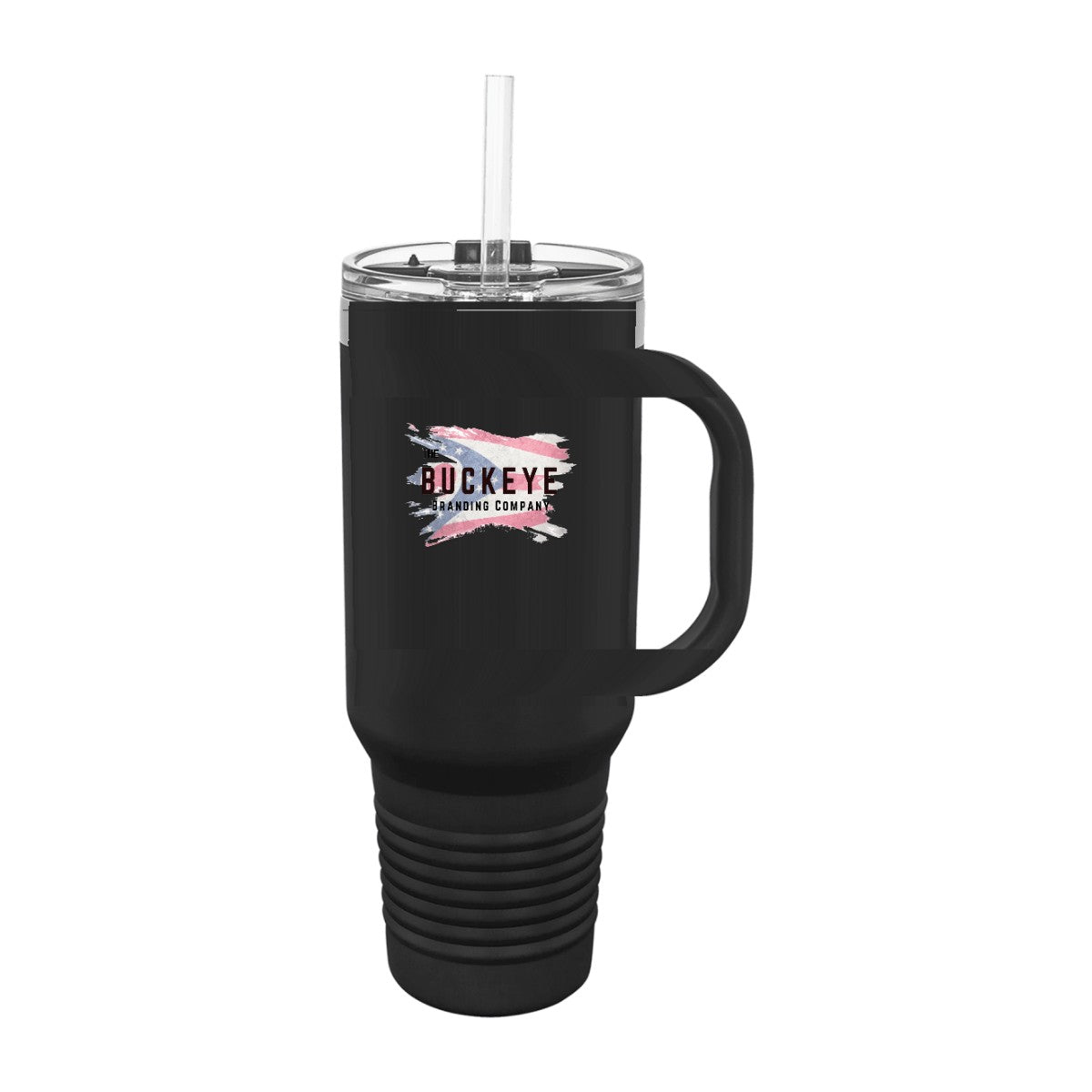 40 oz. travel mug in Black, UV printed with a full-color sample logo