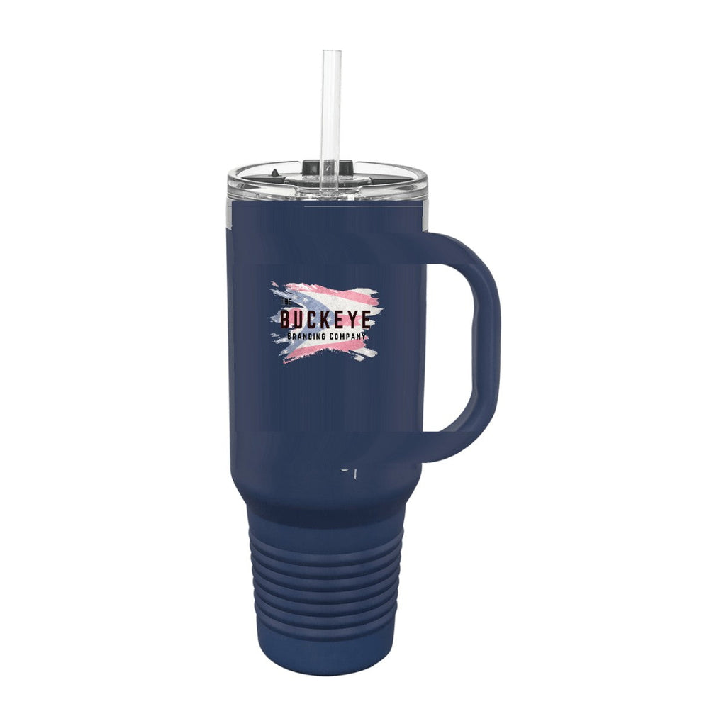 40 oz. travel mug in Navy, UV printed with a full-color sample logo