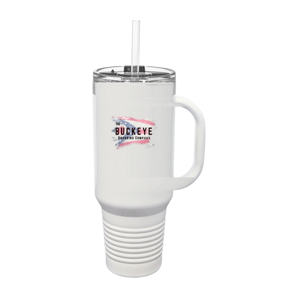 40 oz. travel mug in White, UV printed with a full-color sample logo