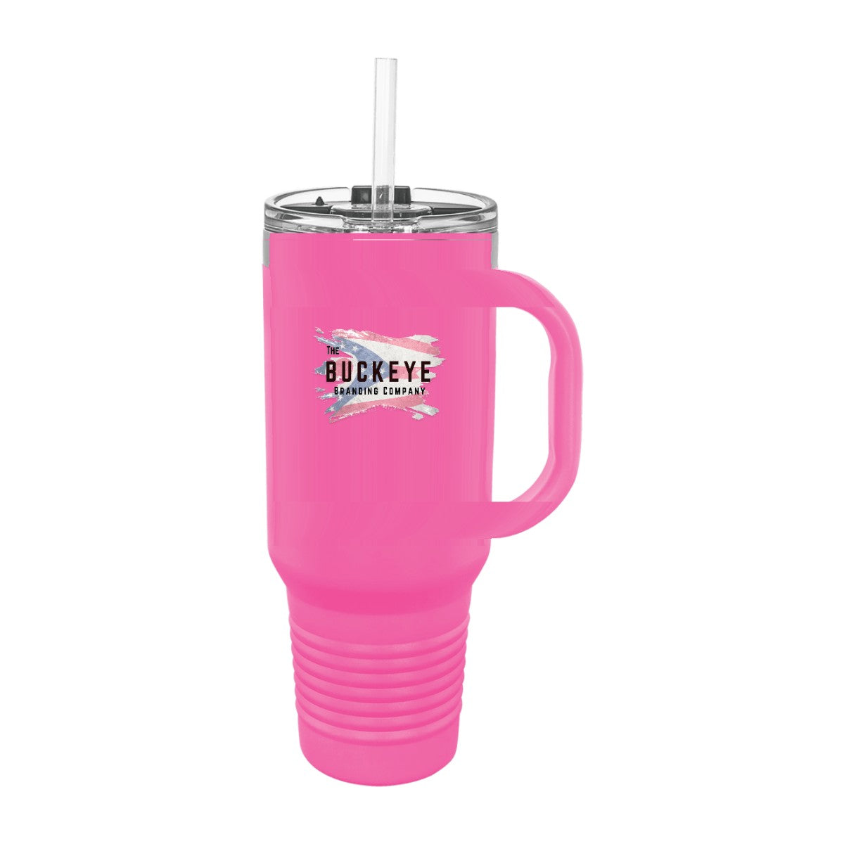 40 oz. travel mug in Light Pink, UV printed with a full-color sample logo