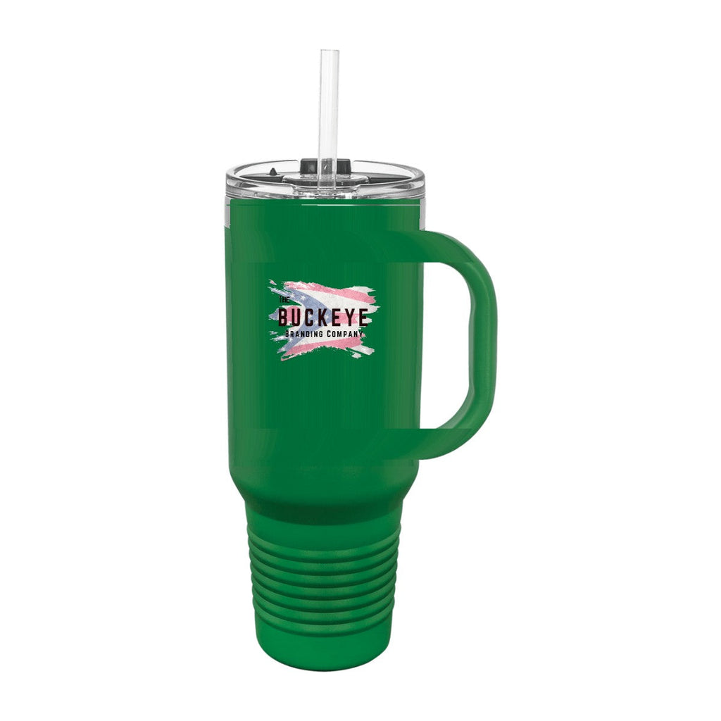 40 oz. travel mug in Forest Green, UV printed with a full-color sample logo
