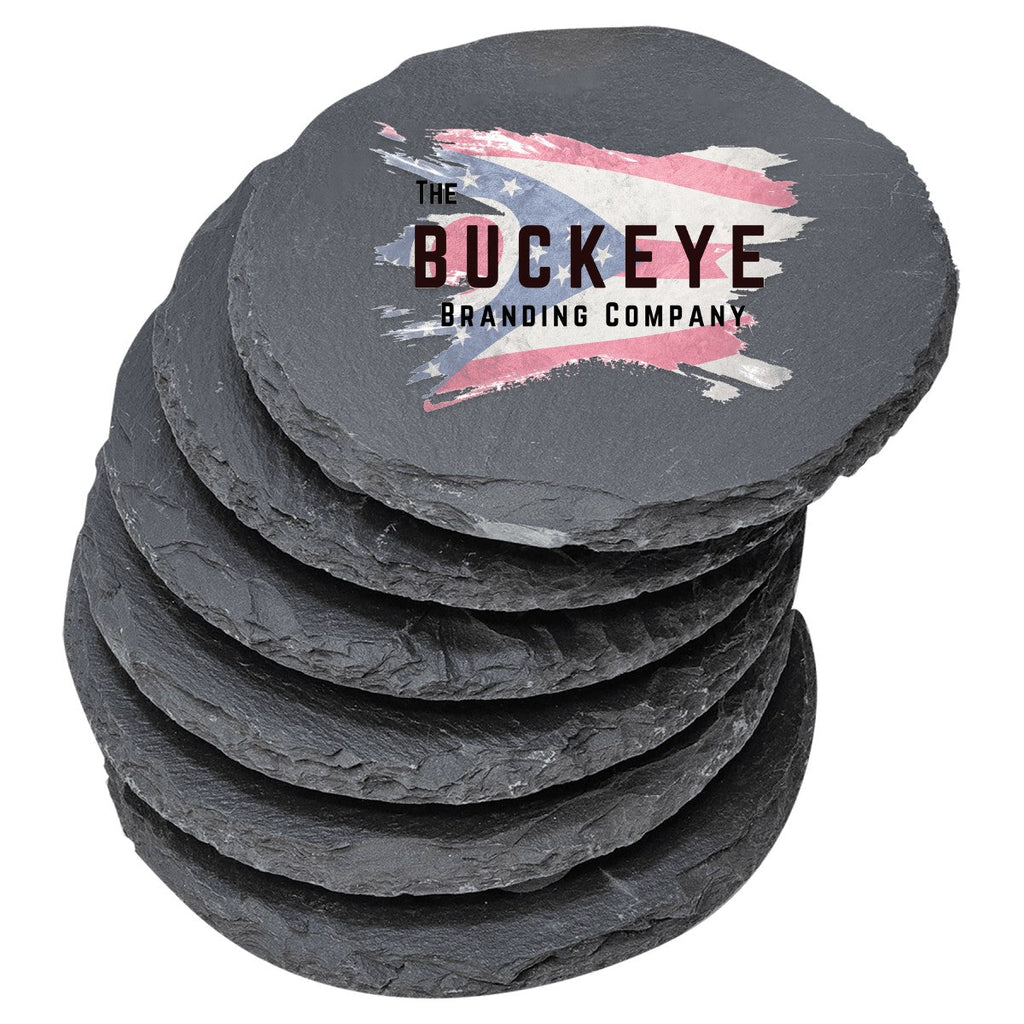 Round slate coaster set, UV printed with full-color sample designs