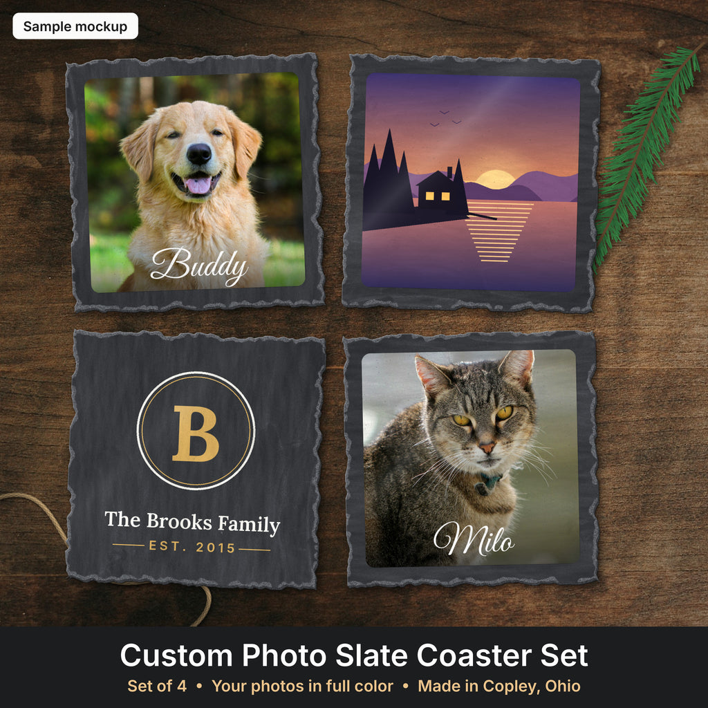Set of 4 slate coasters printed with photos and designs (sample mockup)