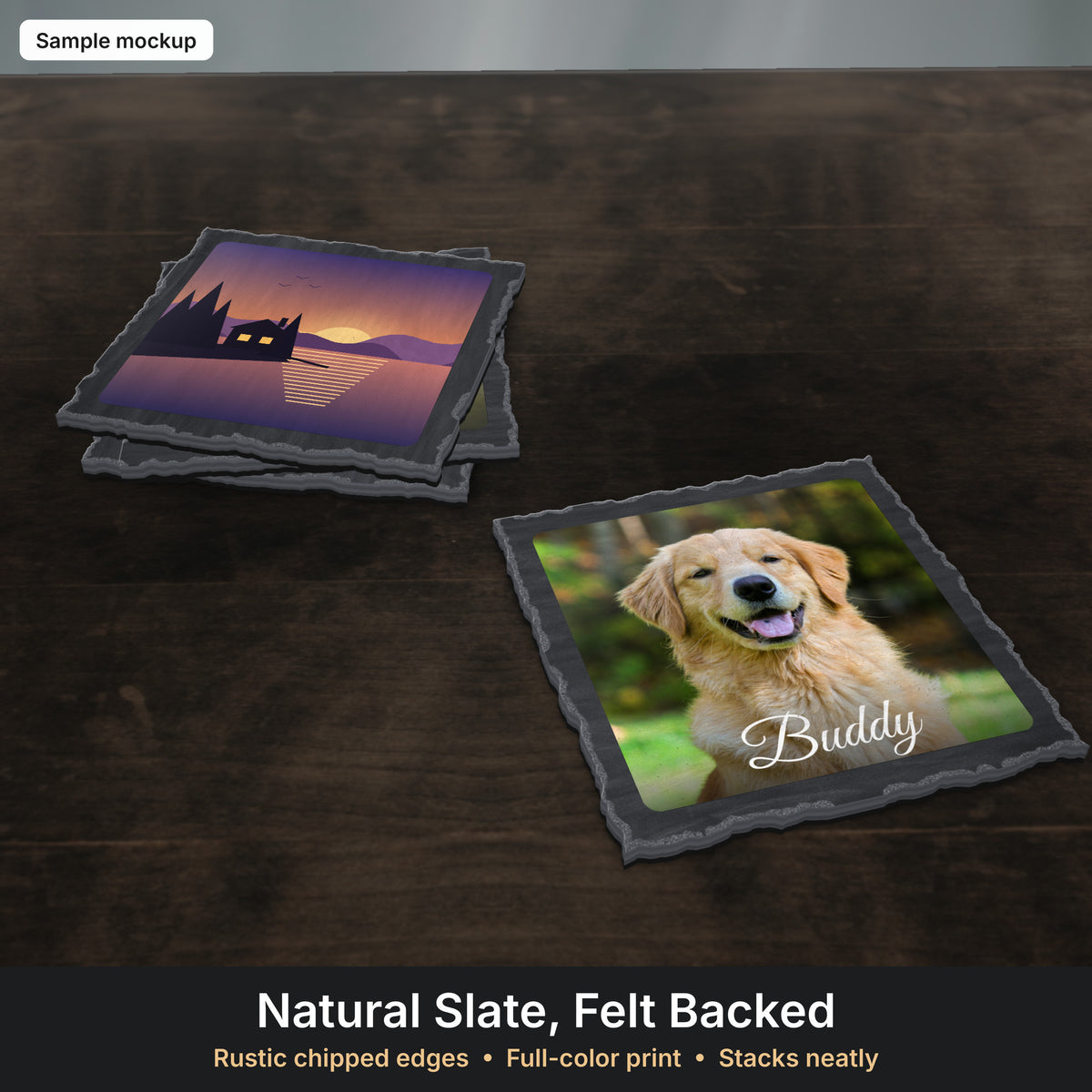 Stack of slate coasters showing thickness and felt back (sample mockup)