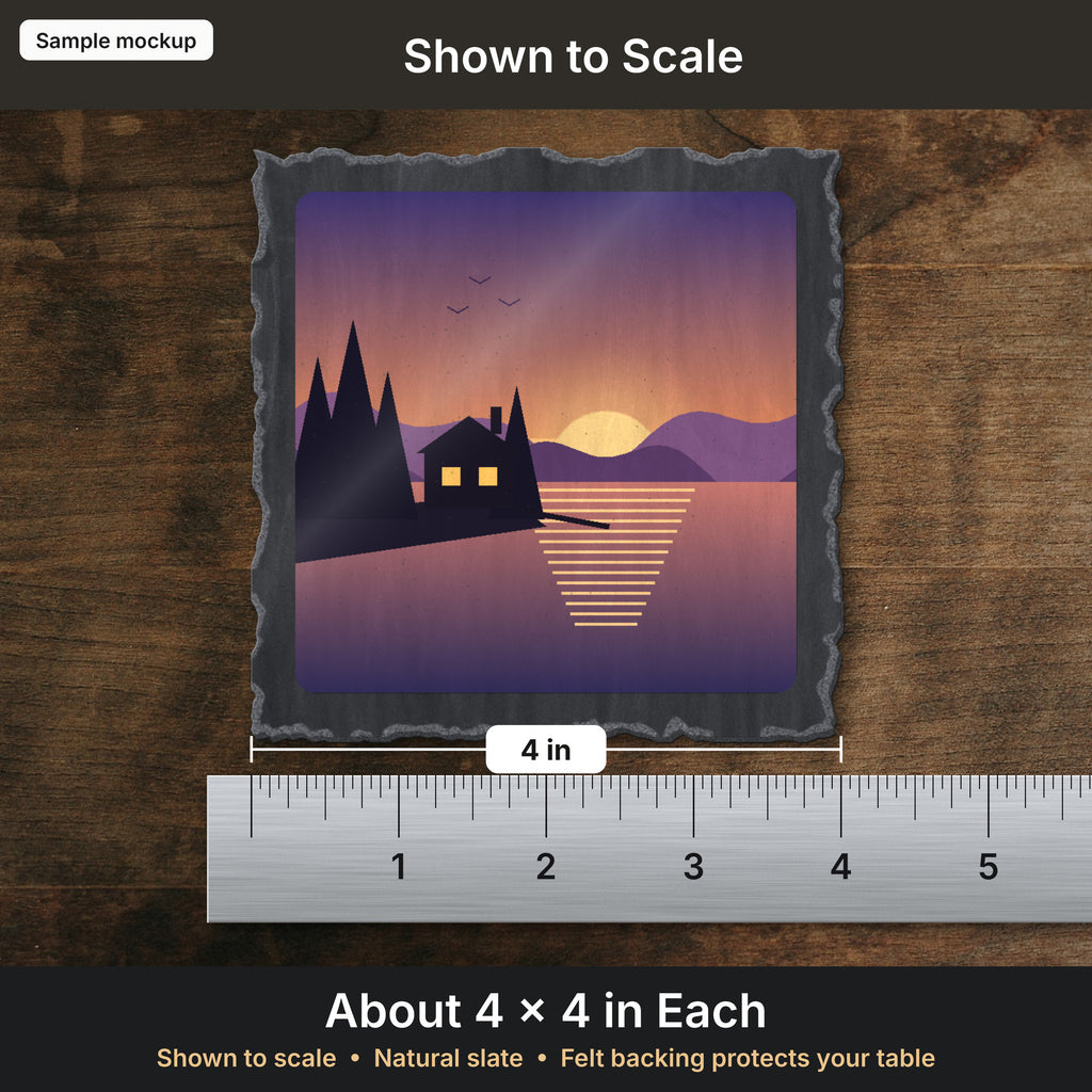 Slate coaster shown to scale, about 4 in (sample mockup)