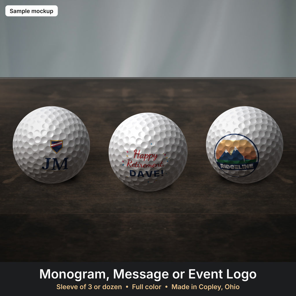 Three golf balls with monogram, message and logo (sample mockup)