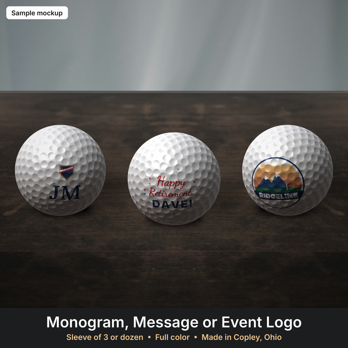 Three golf balls with monogram, message and logo (sample mockup)
