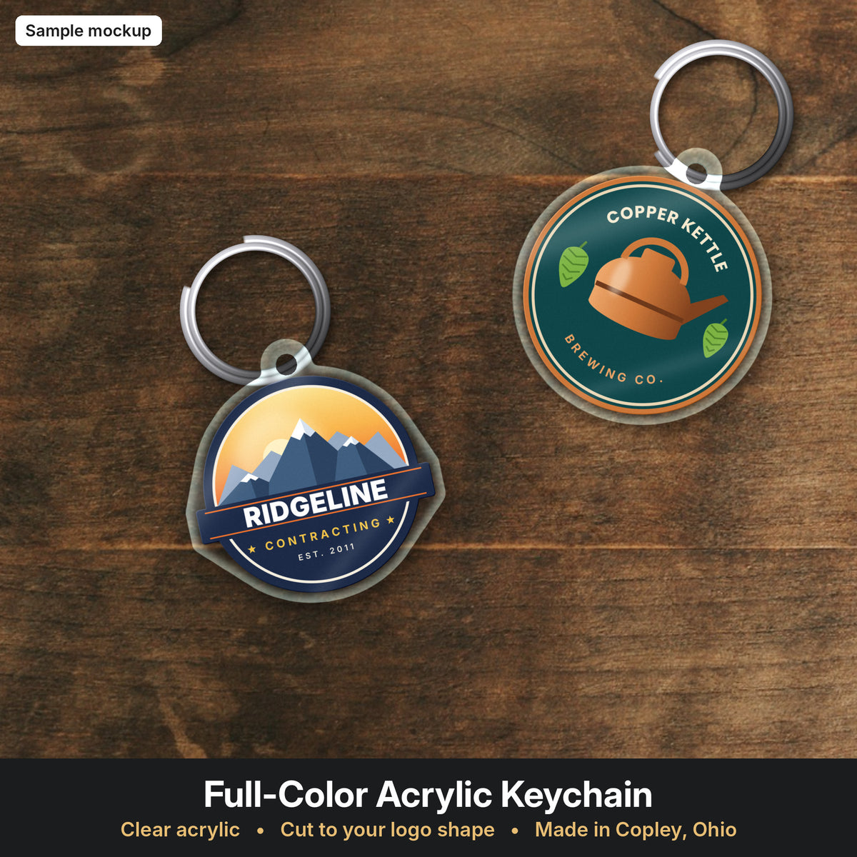 Full-color acrylic logo keychains (sample mockup)