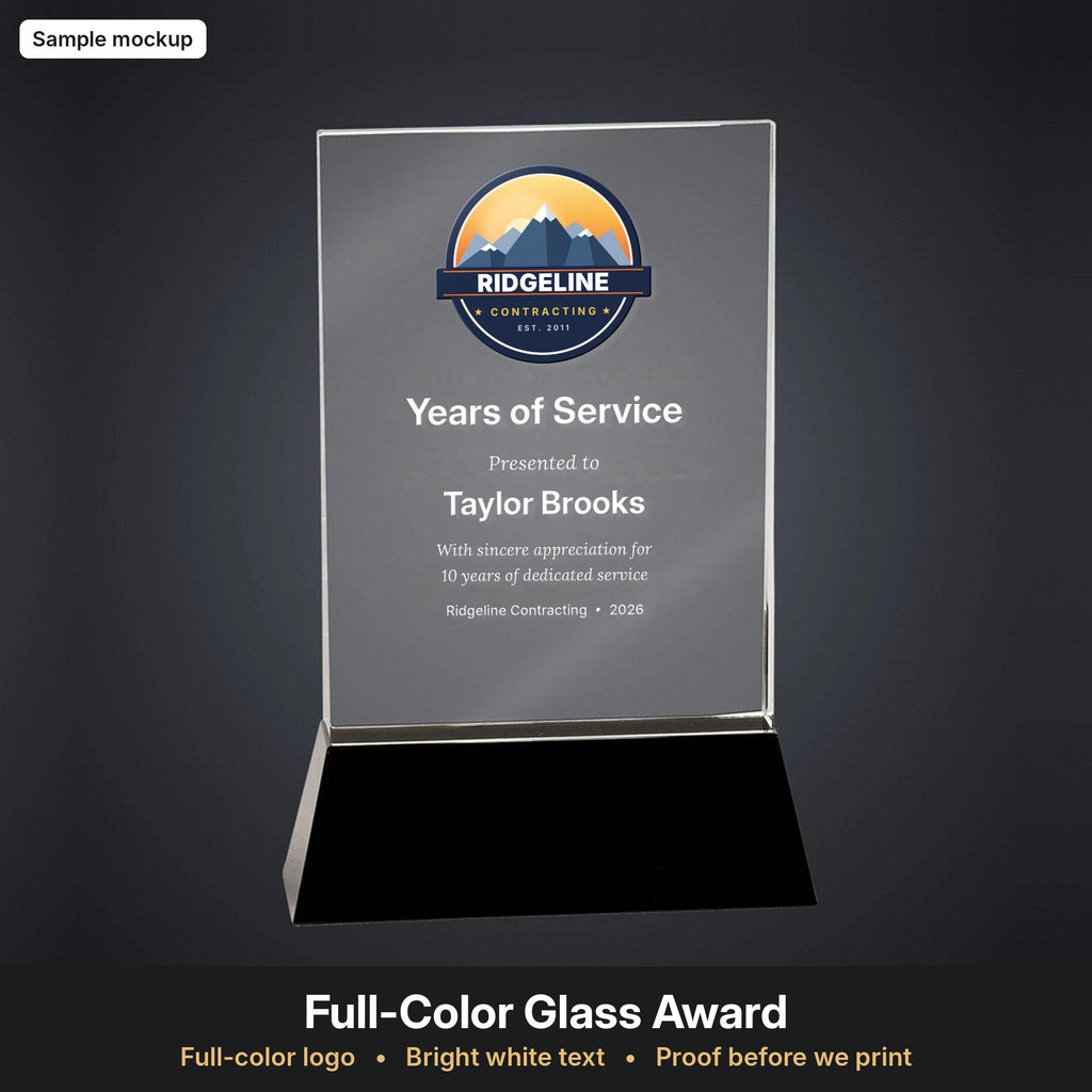 Glass award with full-color logo and white text (sample mockup)