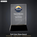 Glass award with full-color logo and white text (sample mockup)