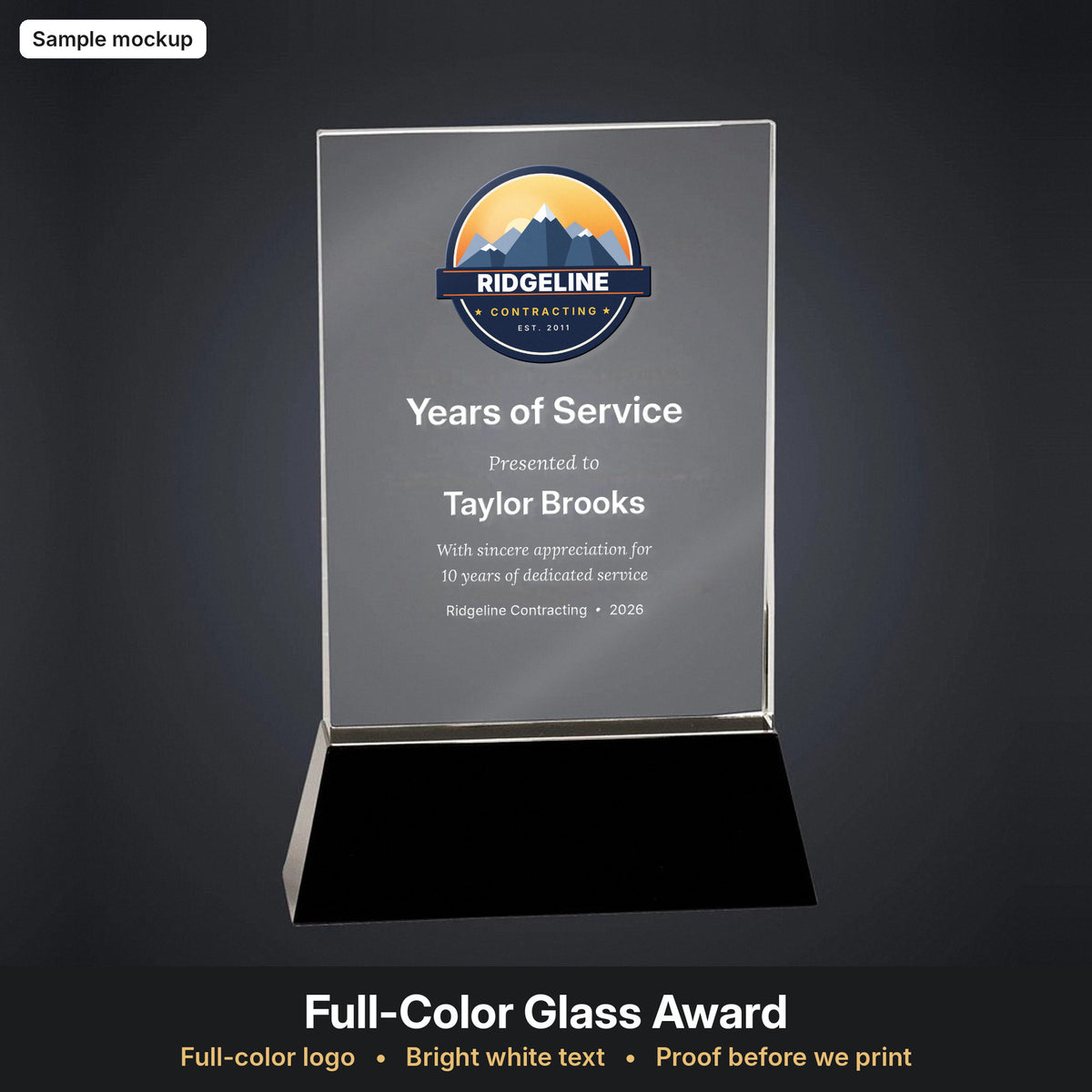 Glass award with full-color logo and white text (sample mockup)