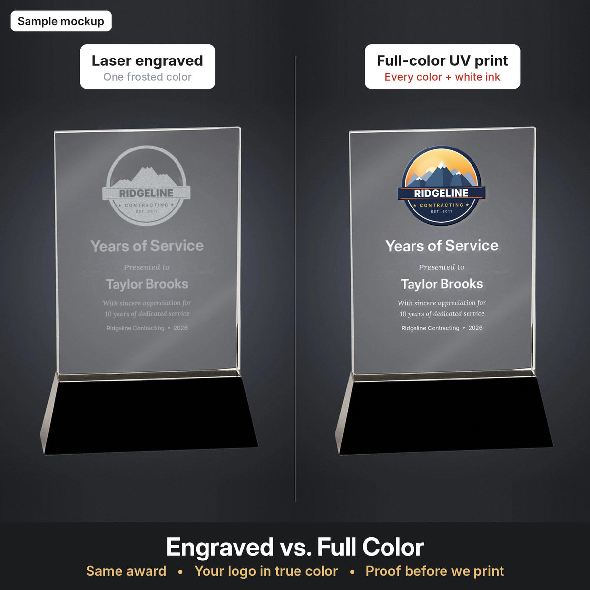 Engraved vs full-color comparison on a glass award (sample mockup)