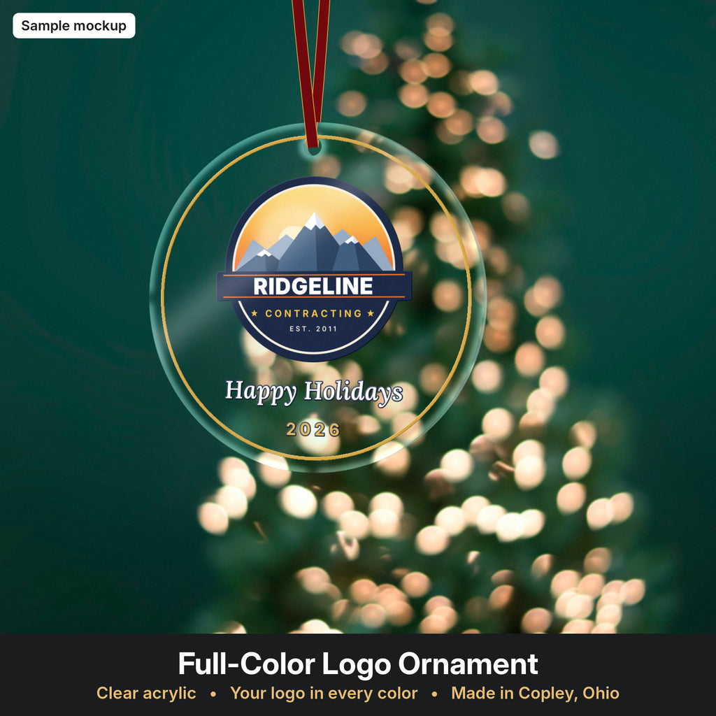 Clear acrylic ornament with full-color business logo (sample mockup)