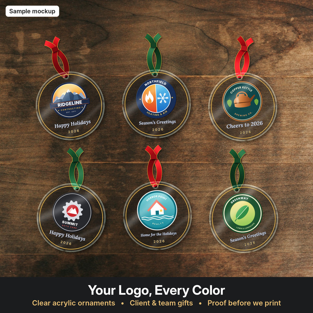 Six full-color logo ornaments on wood (sample mockup)
