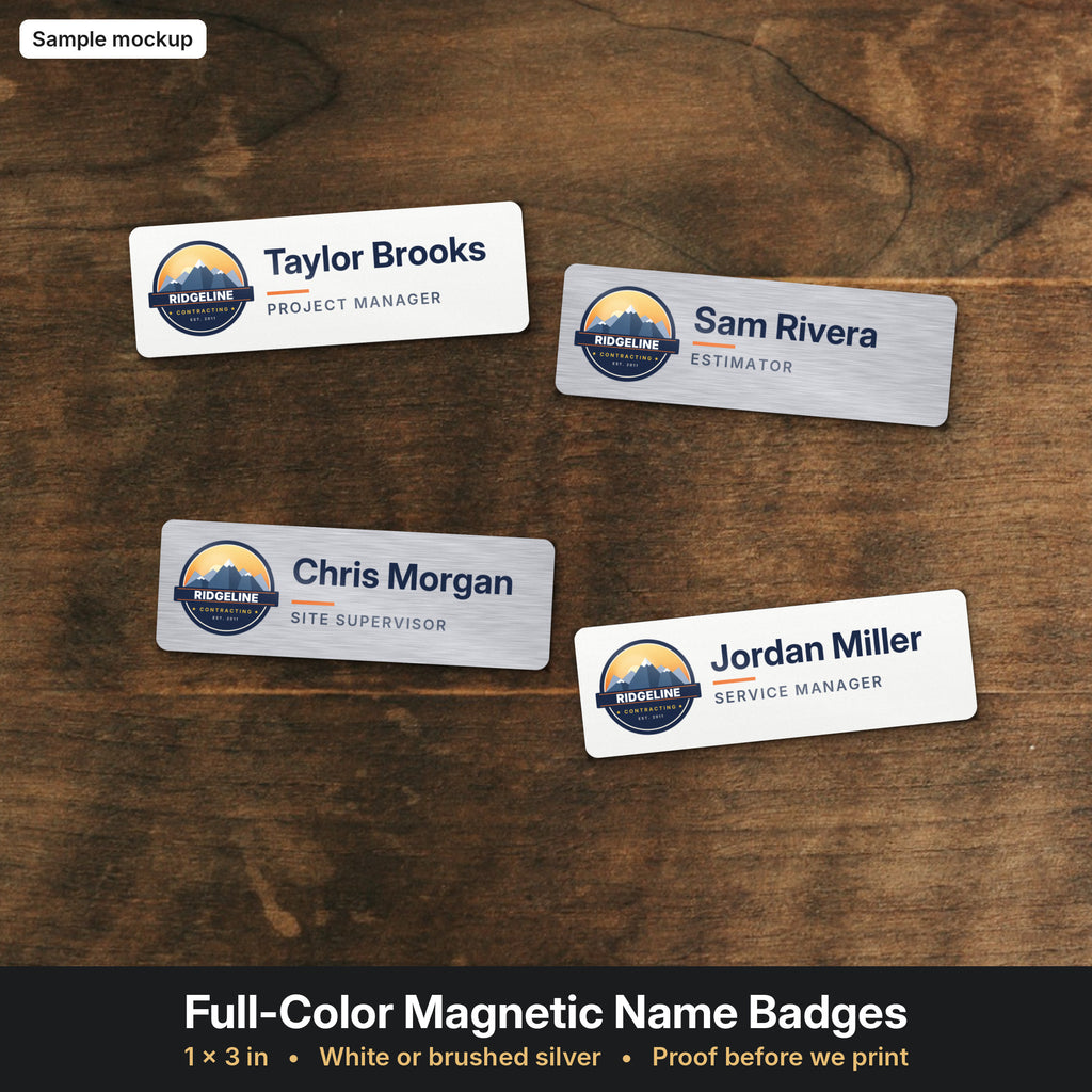Four full-color magnetic name badges (sample mockup)