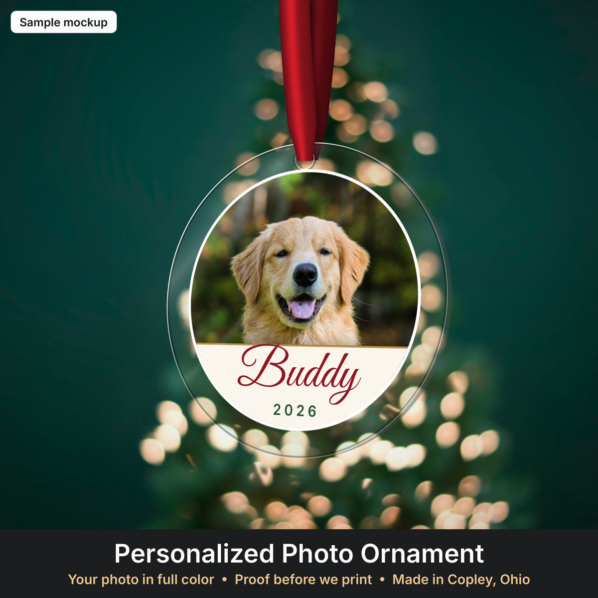 Clear acrylic photo ornament with dog photo and name (sample mockup)