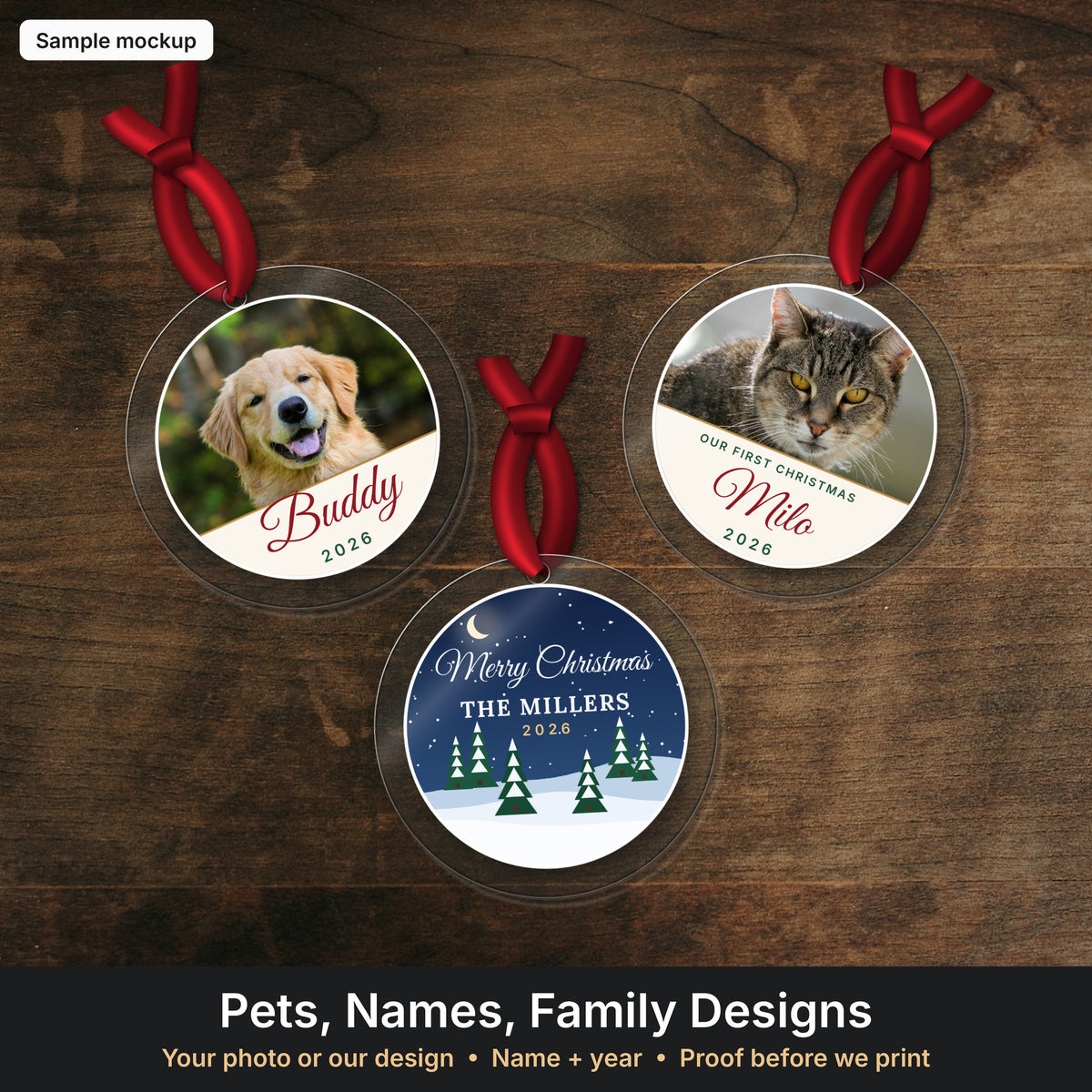 Three personalized photo ornaments on wood (sample mockup)