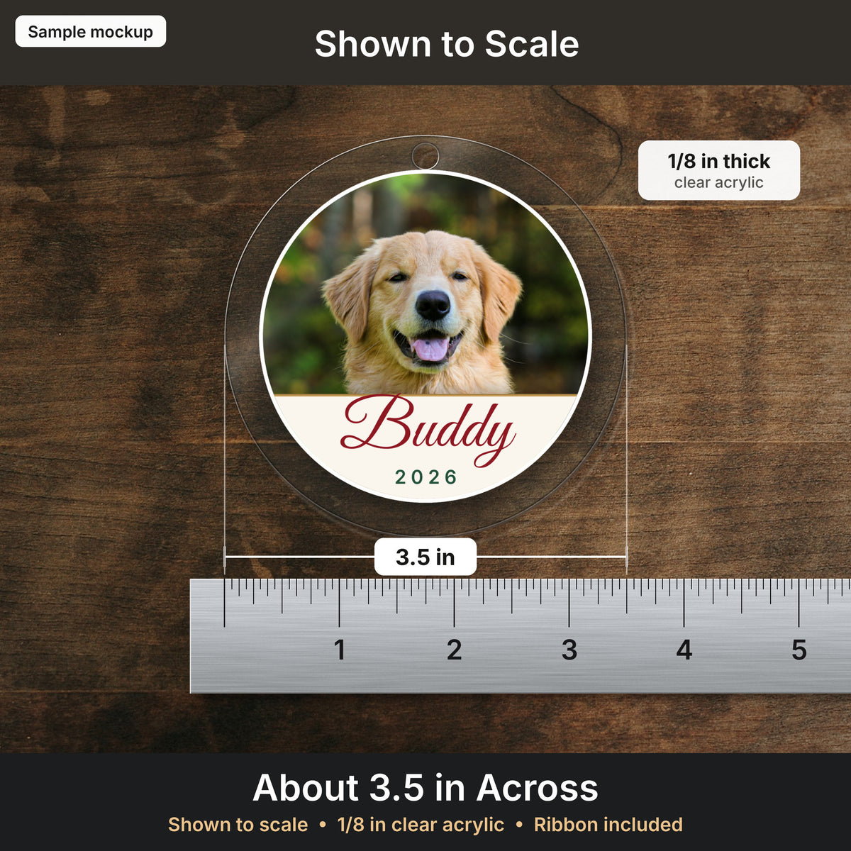 Photo ornament shown to scale, about 3.5 in (sample mockup)