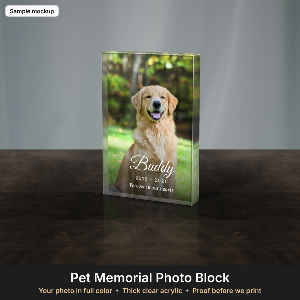 Clear acrylic pet memorial photo block with dog photo (sample mockup)