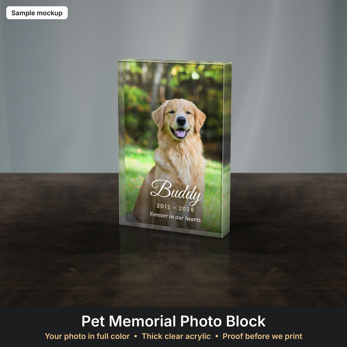 Clear acrylic pet memorial photo block with dog photo (sample mockup)