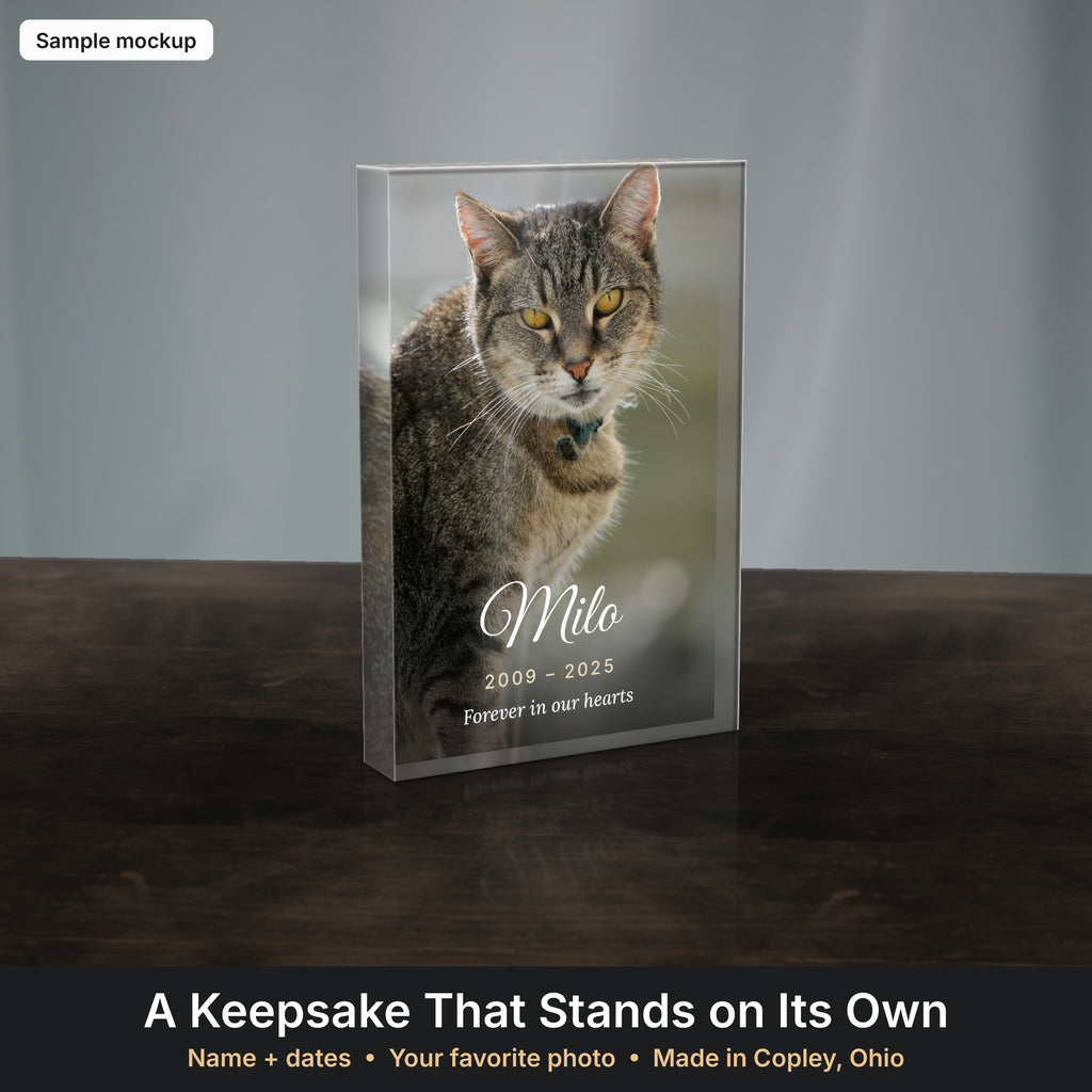 Pet memorial photo block with cat photo (sample mockup)