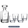 Engraved Whiskey Decanter Set with Four Rocks Glasses with sample personalization (mockup)