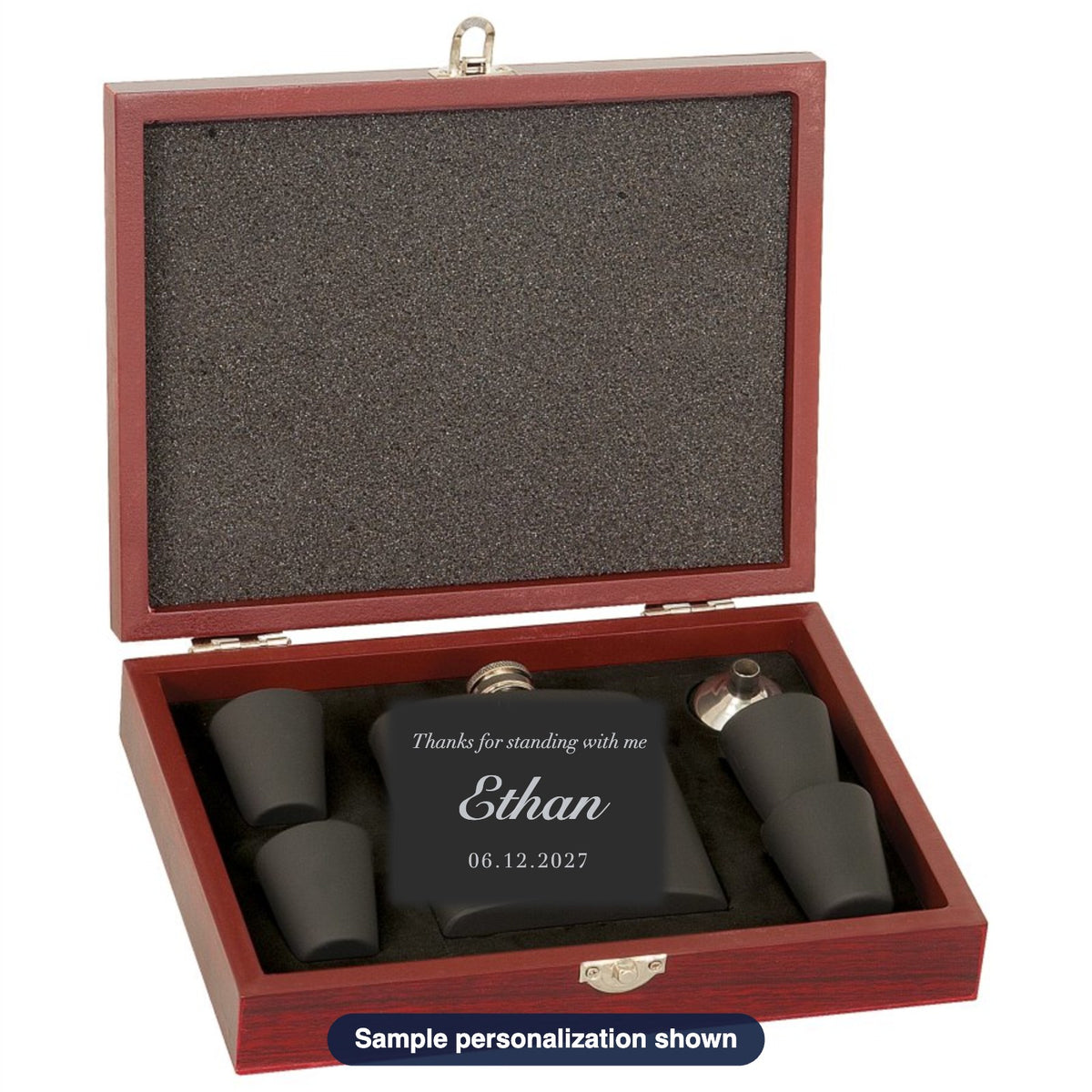 Engraved Flask Set in Wood Presentation Box with sample personalization (mockup)