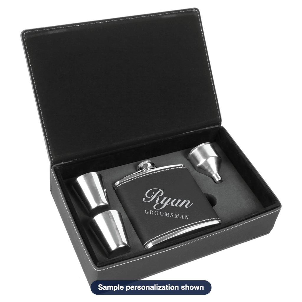 Engraved Leatherette Flask Gift Set with sample personalization (mockup)