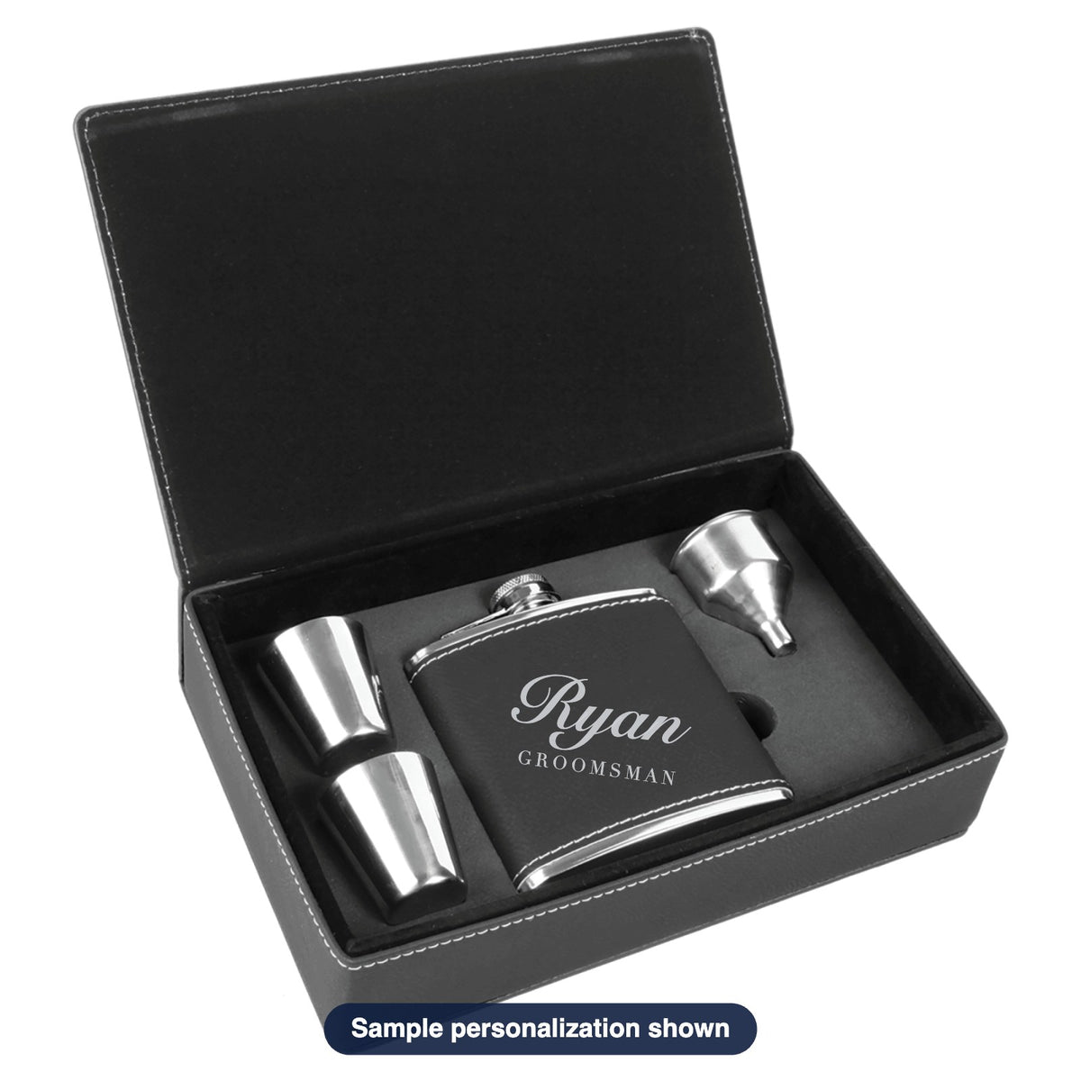 Engraved Leatherette Flask Gift Set with sample personalization (mockup)