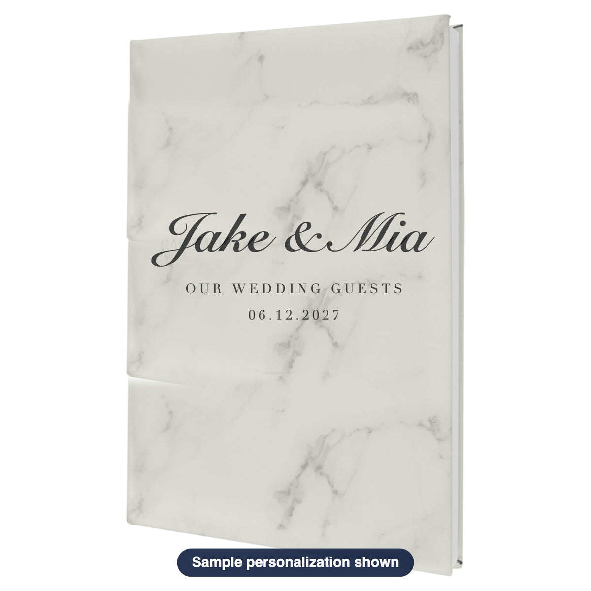 Engraved Leatherette Wedding Guest Book with sample personalization (mockup)