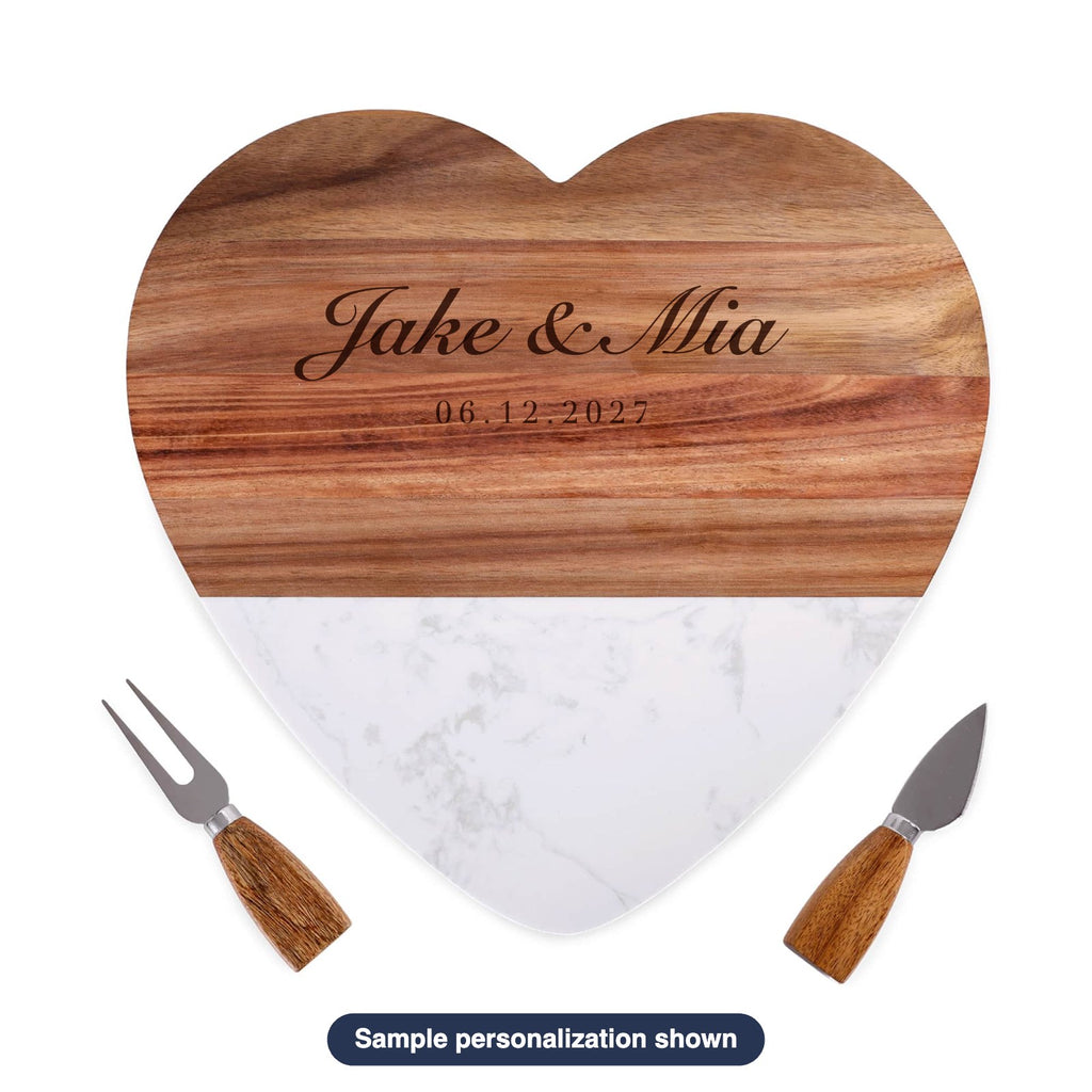 Engraved Heart-Shaped Marble & Wood Serving Board Set with sample personalization (mockup)