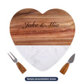 Engraved Heart-Shaped Marble & Wood Serving Board Set with sample personalization (mockup)