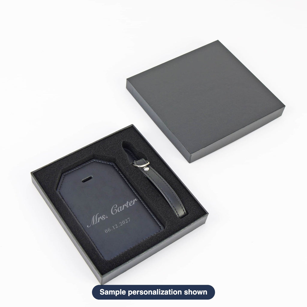 Engraved Leatherette Luggage Tag with sample personalization (mockup)