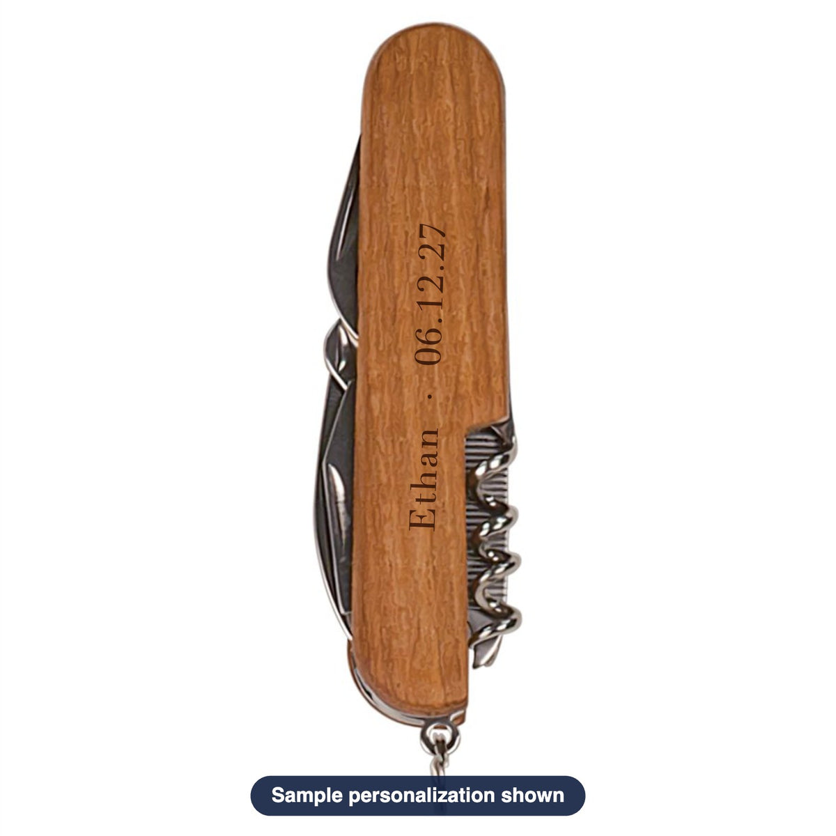 Engraved Wooden Multi-Tool Pocket Knife with sample personalization (mockup)