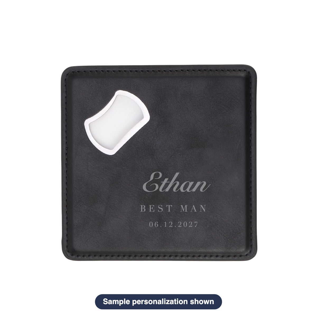 Engraved Leatherette Bottle Opener Coaster with sample personalization (mockup)