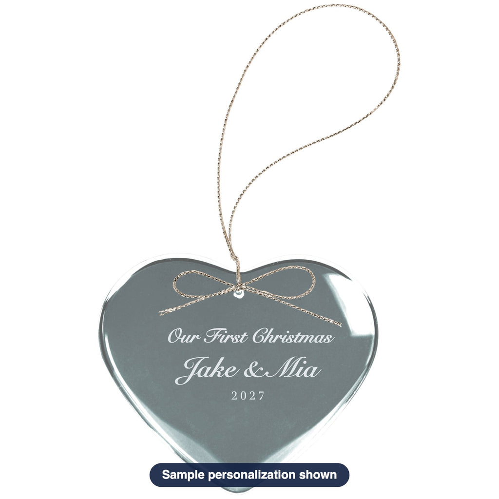 Engraved "Our First Christmas" Wedding Ornament with sample personalization (mockup)