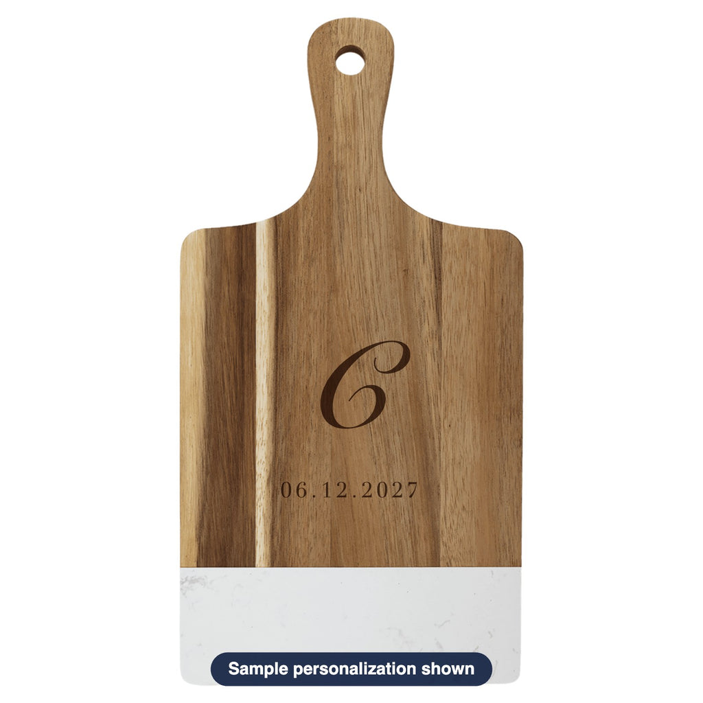 Engraved Acacia & Marble Paddle Cutting Board with sample personalization (mockup)