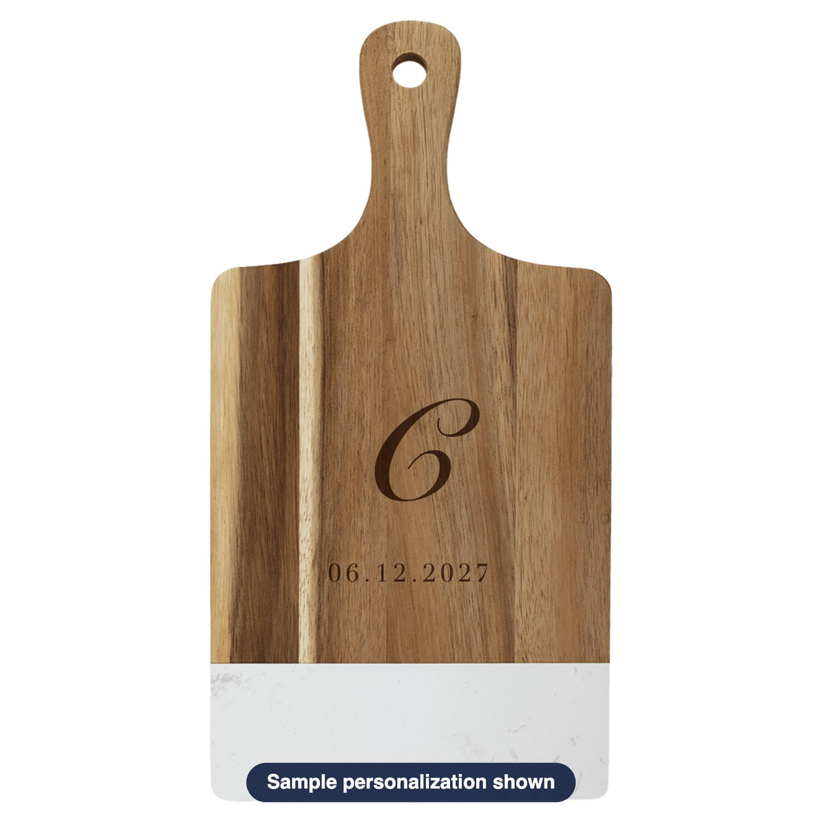 Engraved Acacia & Marble Paddle Cutting Board with sample personalization (mockup)