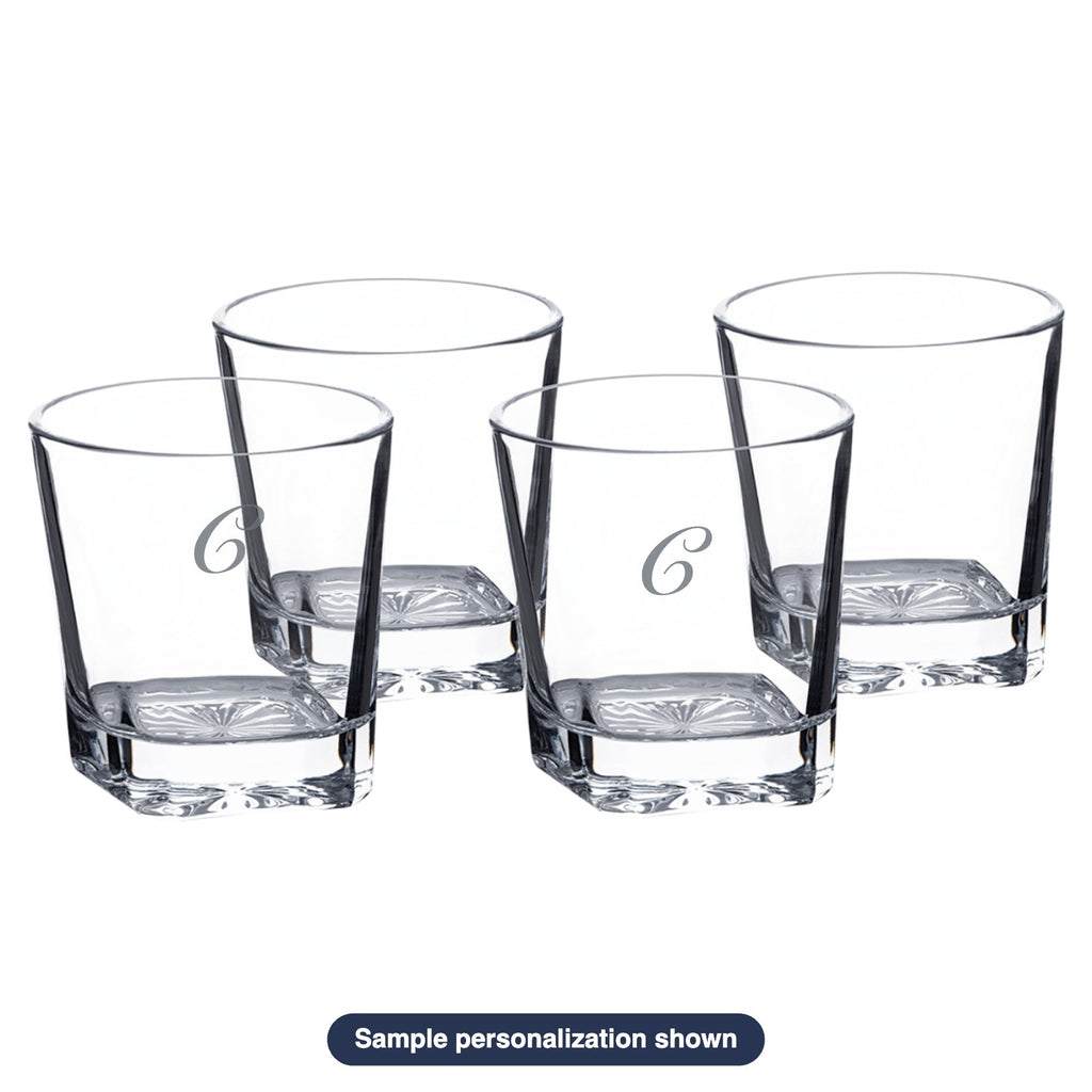 Engraved Rocks Glasses Set of 4 in Gift Box with sample personalization (mockup)