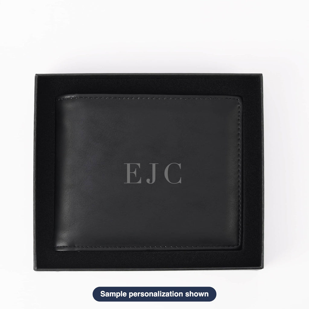 Engraved Leatherette Bifold Wallet with sample personalization (mockup)