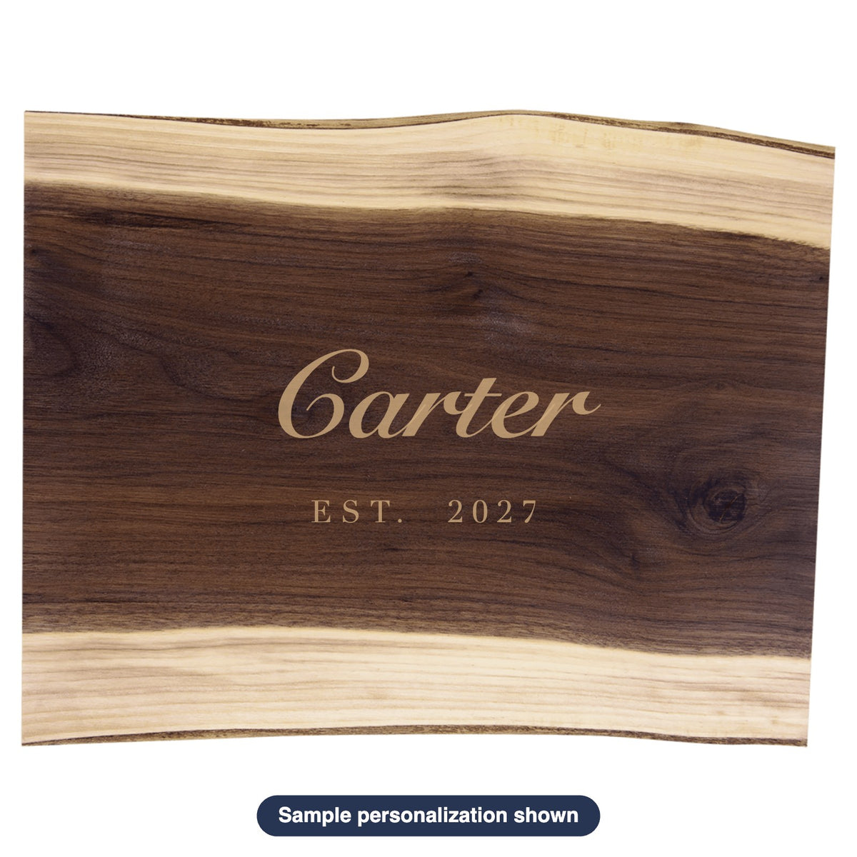 Engraved Black Walnut Charcuterie Board with sample personalization (mockup)